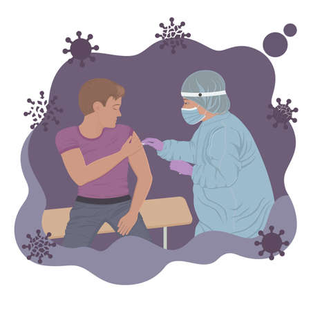 Vector graphic illustration of human vaccination. Medicinal drawing depicting people, man and nurse during vaccinationのイラスト素材