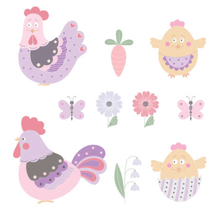 Vector color flat illustration with funny chicken family on a white background. Good for Easter holiday designのイラスト素材