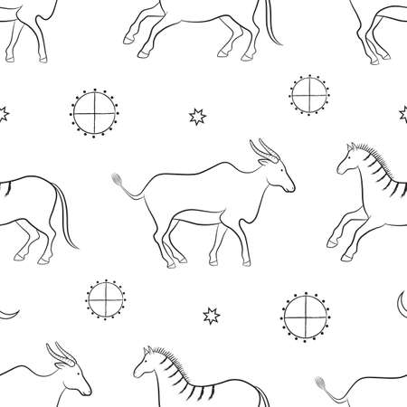 African motives. Vector graphic seamless pattern with animals, buffalo and horse on a white backgroundのイラスト素材