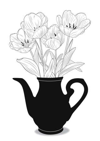 Vector flat illustration of tulpani in a black vase on a white backgroundのイラスト素材