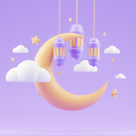 islamic ramadan greeting background with cute 3d mosque and islamic crescent with purple colorの写真素材