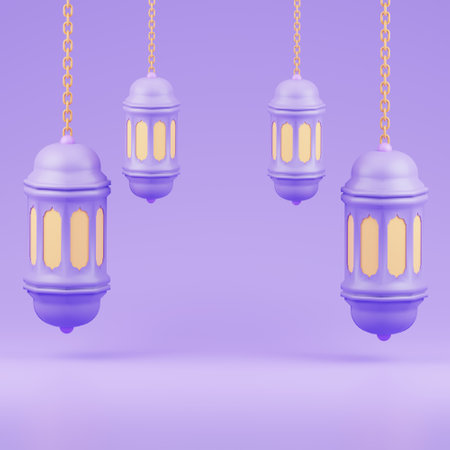 islamic ramadan greeting background with cute 3d mosque and islamic crescent with purple colorの写真素材