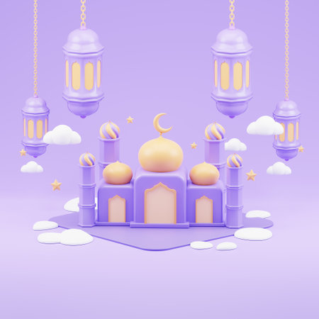 islamic ramadan greeting background with cute 3d mosque and islamic crescent with purple colorの写真素材