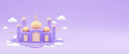 islamic ramadan greeting background with cute 3d mosque and islamic crescent with purple colorの写真素材