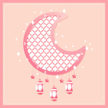 happy eid al fitr cartoon banner with cute lantern crescent moon background illustrationのイラスト素材
