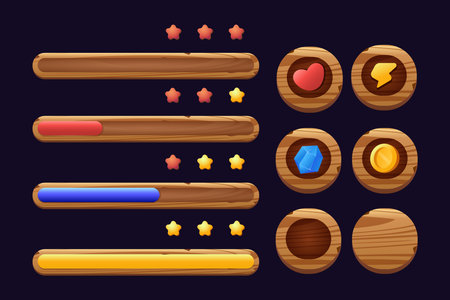 Game buttons of wooden and gold texture cartoon menu interface elementsのイラスト素材