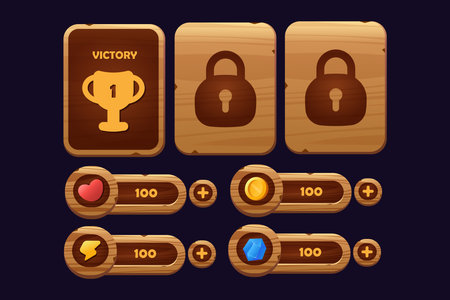 Game buttons of wooden and gold texture cartoon menu interface elementsのイラスト素材