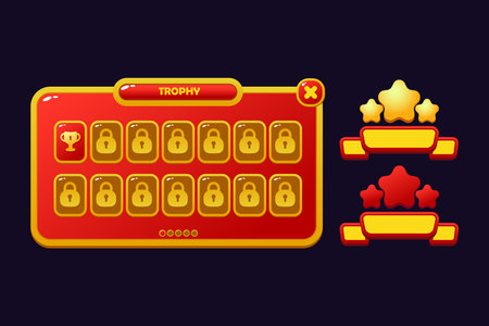 Set of game assets menu buttons popup screens and settings buttons red and yellowのイラスト素材