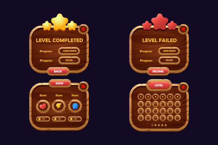 Game buttons of wooden and gold texture cartoon menu interface elementsのイラスト素材