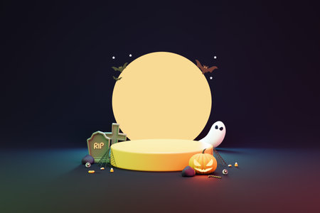 3d halloween pumpkin and stone podium pedestal product display for promotion discount saleの写真素材