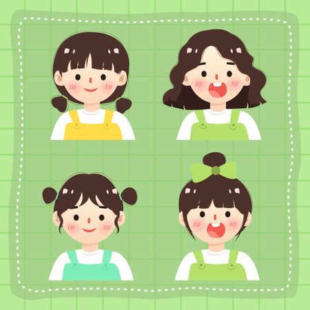 Set of cute little girls with different facial expressions. Vector illustration.のイラスト素材