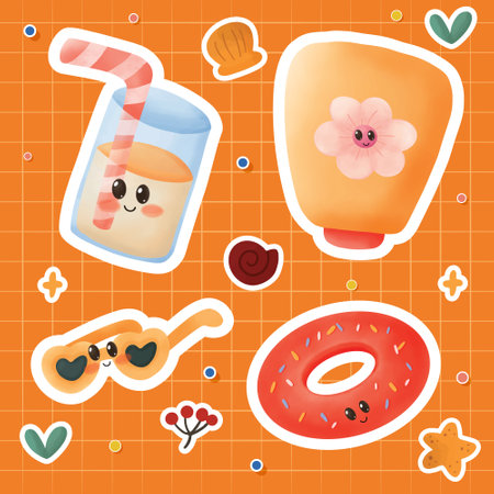 Illustration of a set of cute cartoon summer items on a orange backgroundのイラスト素材