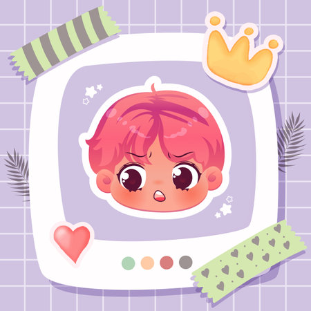 Cute baby girl with pink hair and crown in frame. Vector illustration.のイラスト素材