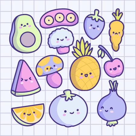 Cute kawaii fruits and vegetables. Vector hand drawn illustration.のイラスト素材