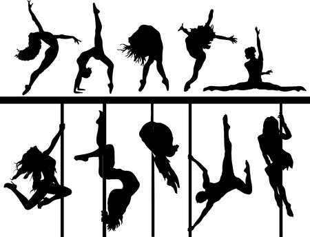 girls dancing. Set of silhouettes pole dancers, brunette girls hanging on the staves. Strong and flexible women make a tricks on the stageのイラスト素材