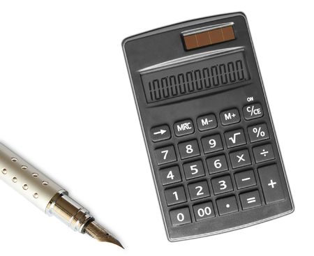 calculator and pen on a white backgroundの写真素材