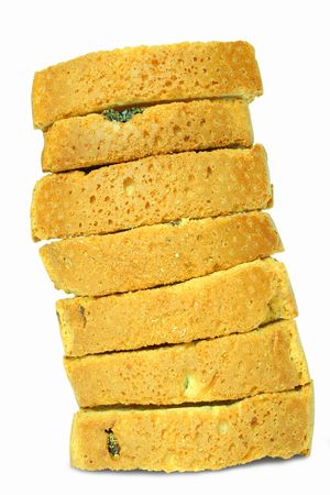 seven pieces of bread on white oneの写真素材