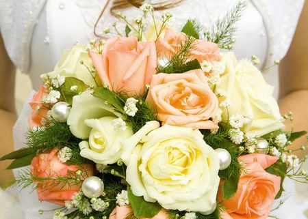 fiancee  shows a bouquet with many colors の写真素材