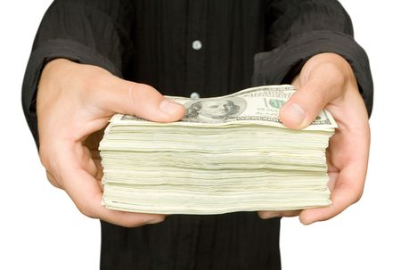 money in a  businessman hand on the whiteの写真素材