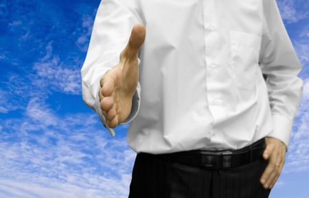 man with an open hand ready to seal a dealの写真素材