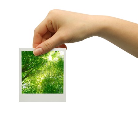 card blank in a hand on the sky backgraundsの写真素材