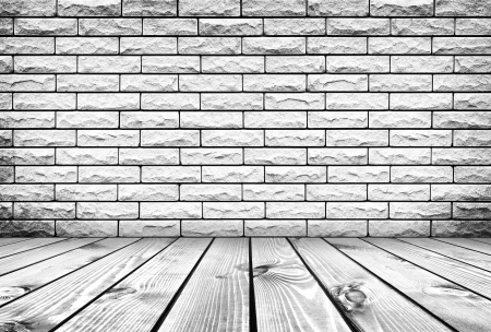 room interior vintage with white brick wall and wood floor backgroundの写真素材