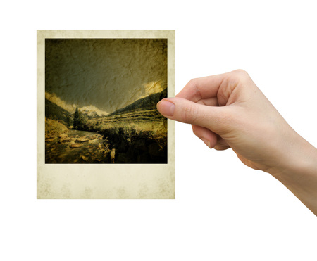 polaroid card blank in a hand on the whiteの写真素材