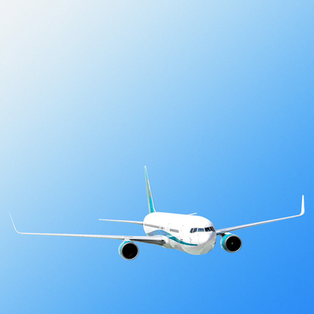 plane flies on the sky and the sun backgroundsの写真素材
