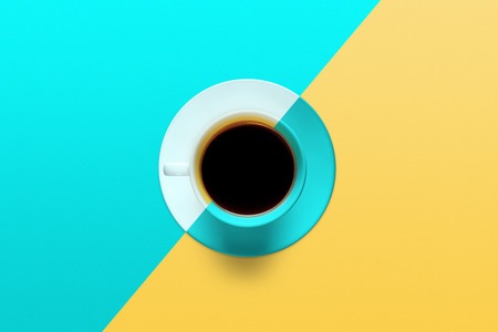 Turquoise cup of coffee on a background of turquoise and yellow color