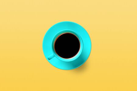 Turquoise cup of coffee on a background of turquoise colorの写真素材