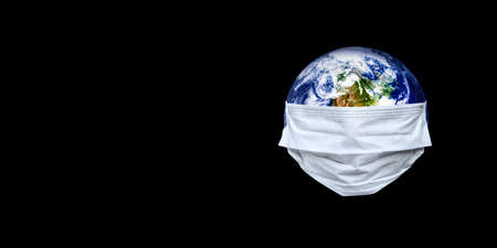 The whole earth is quarantined, the earth is wearing a mask on the white backgrounds Coronavirus and Air pollution pm2.5 concept.の写真素材