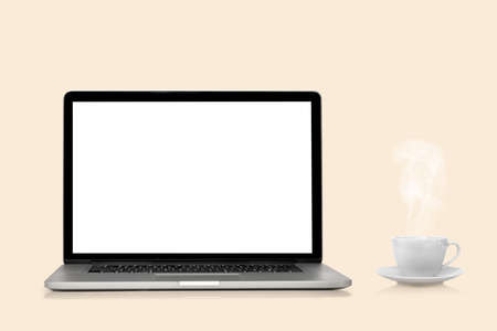 a modern laptop computer isolated on colors background Proton Purple. Set Sail Champagne color