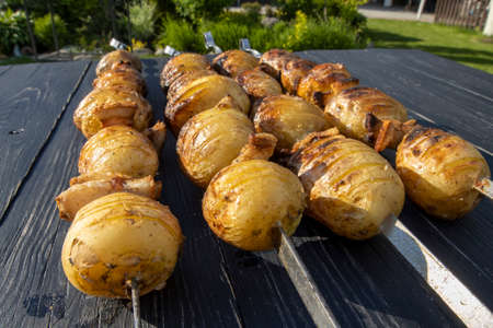 grilled potatoes on the grillの写真素材