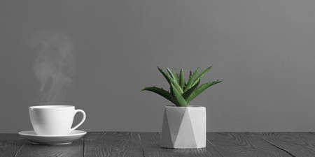 panorama of desktop with laptop and coffee for advertisingの写真素材