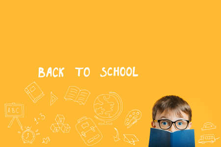 concept pictures, back to school on a yellow background, innovation and solution concept with copy spaceの写真素材