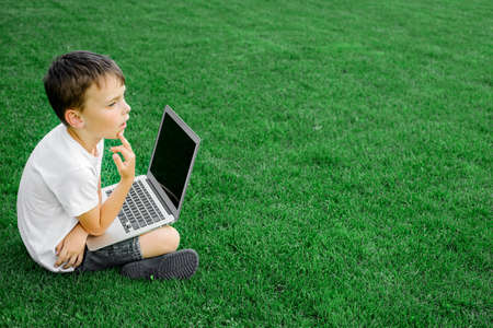 A child sits on the grass and studies with a laptop online, enjoying natureの写真素材