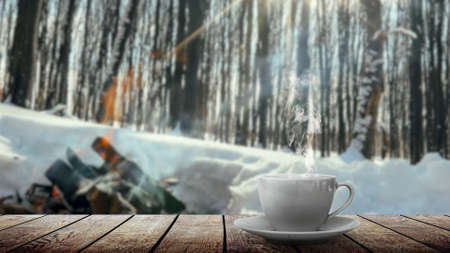 hot coffee on the table on a natural backgroundの写真素材