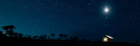 The star shines over the manger of christmas of Jesus Christ. panoramaの写真素材