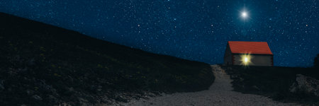 The star shines over the manger of christmas of Jesus Christ.の写真素材