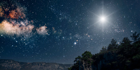 The star shines on the Christmas Eve of Jesus Christ.の写真素材