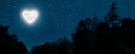 moon heart-shaped shines over the lovers house on valentines day
