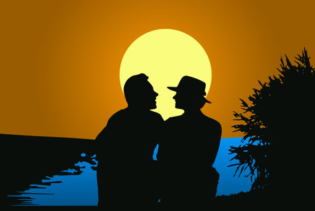 adored by a couple in love on the seashore who enjoys one another at sunsetのイラスト素材