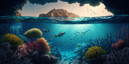 Panorama Underwater coral reef on the sea Generative aiの素材