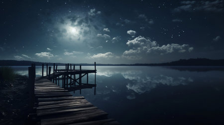 moon on a background star sky reflected in the sea. Generative AIの素材