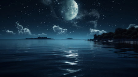 moon on a background star sky reflected in the sea. Generative AIの素材