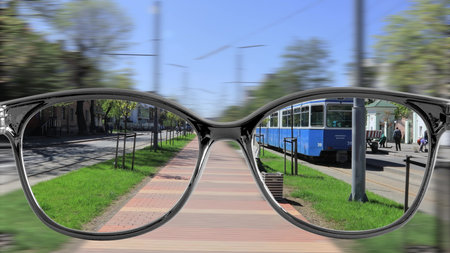 sharpness with glasses walking around the city.の写真素材