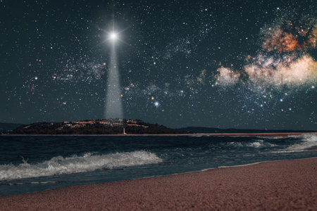 Christmas star shines at night over the mountains of Bethlehemの写真素材