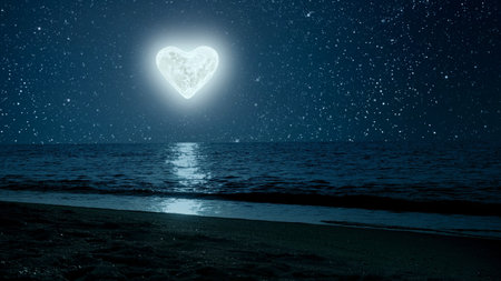a moon heart-shaped shines over sea on Valentine's dayの写真素材