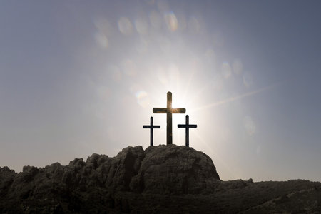 cross onA Easter cross on the dawn background the mountain at sunrise, easter background