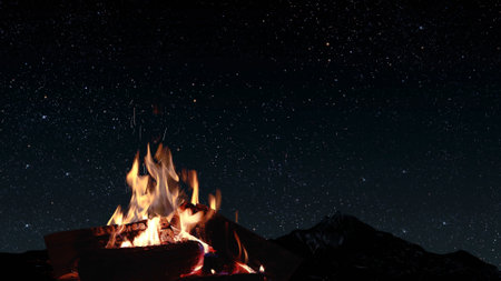 bonfire burns at night against the background of mountains and sea with bright stars..の写真素材
